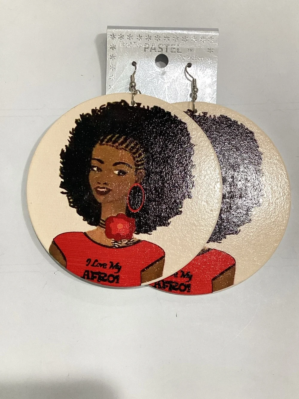 Wooden Afro Love Drop Earrings - Red & Black